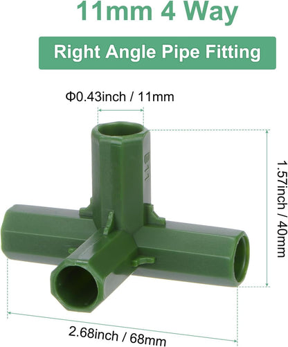 4 Pcs 11mm Greenhouse Frame Building Connectors, 4 Way Right Angle Pipe Fitting for Grape