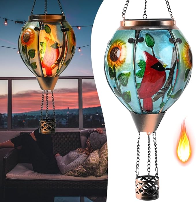 Hot Air Balloon Solar Lantern - Large Cardinal Bird Glass Lantern, Simulated Flickering & Dancing