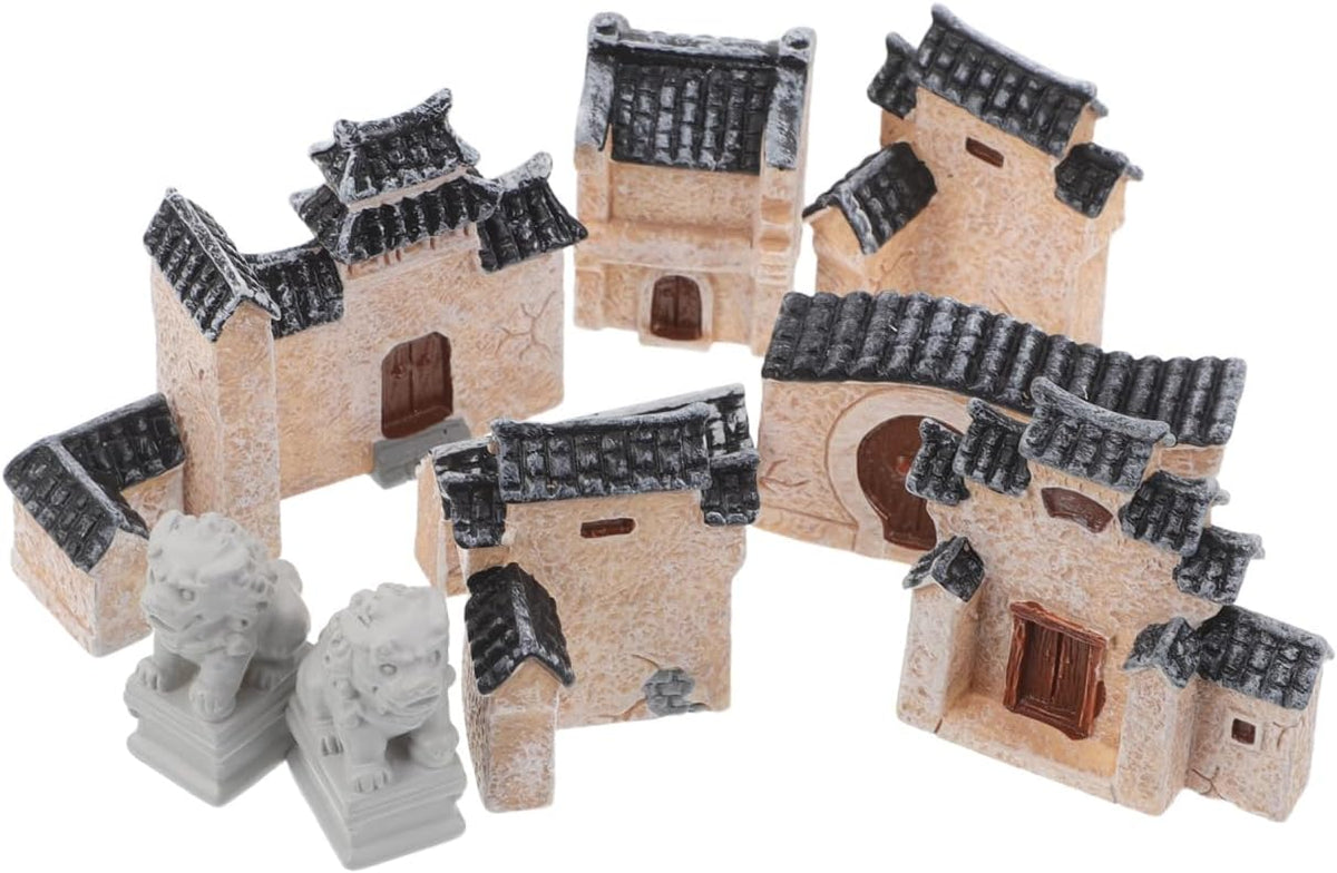 DECHOUS 10Pcs Miniature Village House: Resin Miniature Fairy Garden Houses with Chinese Stone Lion