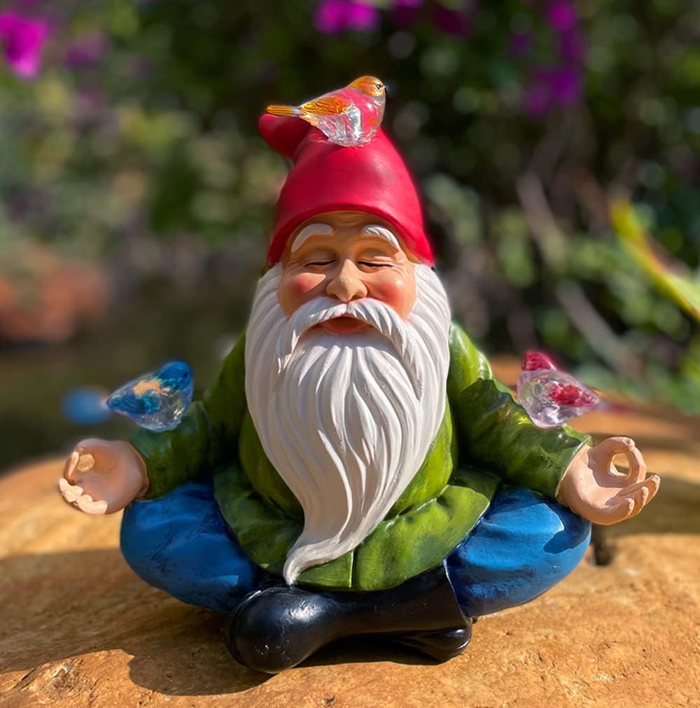Solar Powered Gnome with Red Hat and 3 Birds, Resin Garden Ornament with LED Light, Lawn Figurine