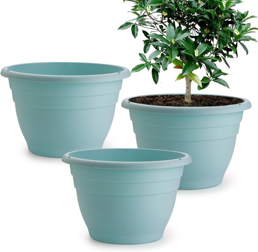 3 Pack 11 Inch Plant Pots with Drainage Hole and Plug, Durable Plastic Flower Pots for Indoor &