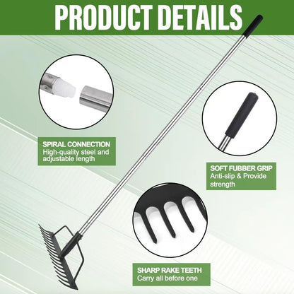 15 Inch Wide Bow Rake, 16 Steel Tines Metal Head Rake Tool with Stainless Steel Handle, Adjustable