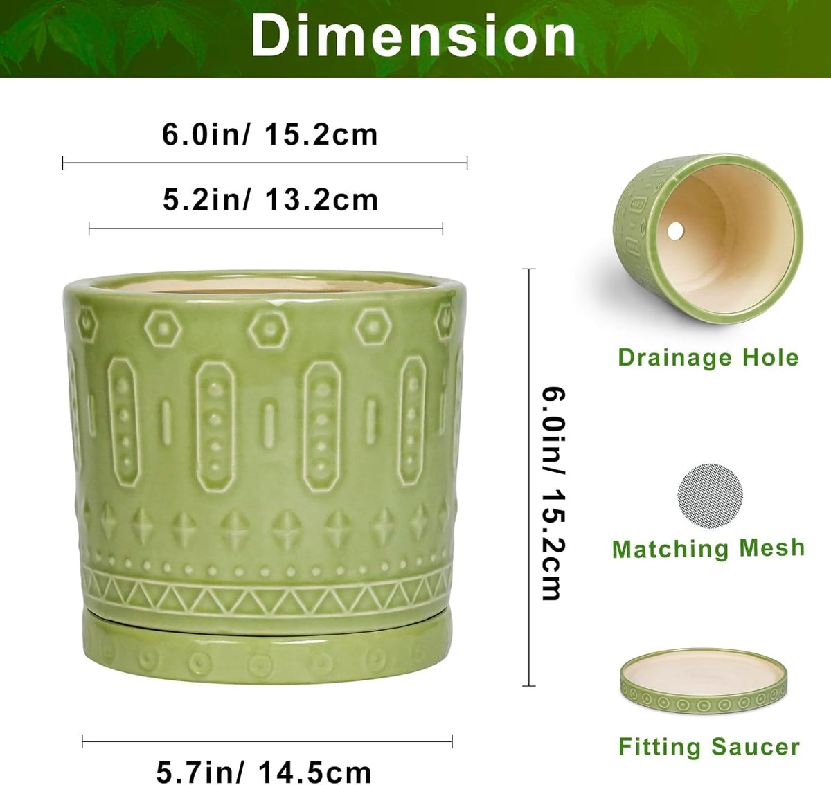 Ceramic Pot for Plants - 6 Inch Indoor Planter with Drainage Hole and Saucer, Round Decorative