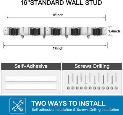 IMILLET 2 Pack Wall Mount Broom Holder Stainless Steel 5 Racks with 4 Hooks Broom Organizer Self