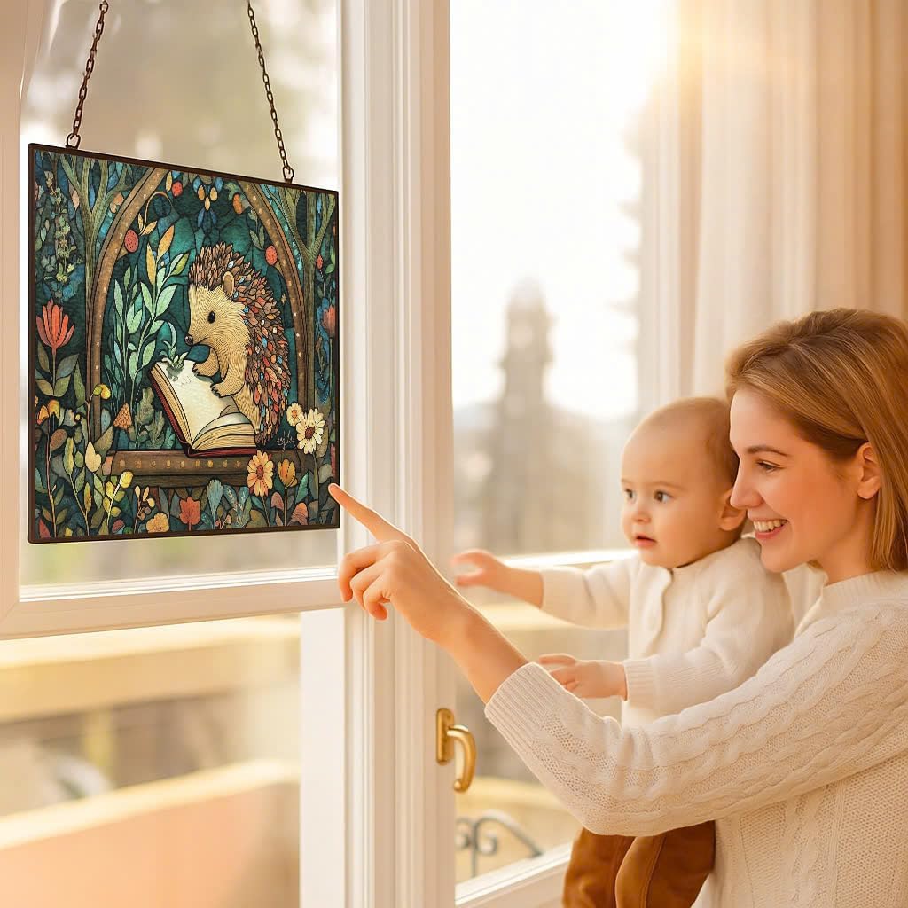 Rectangle Boho Hedgehog Drawing Plants Stained Glass Window Hanging,Hummingbird Sun Catchers Indoor