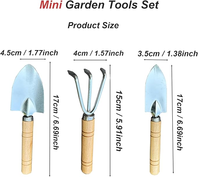 3 Pcs Mini Garden Tools Set Small Tiny Shovel Trowel and Hand Rake with Solid Wood Handle Indoor