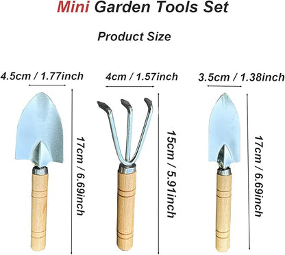 3 Pcs Mini Garden Tools Set Small Tiny Shovel Trowel and Hand Rake with Solid Wood Handle Indoor