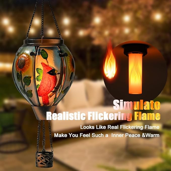 Hot Air Balloon Solar Lantern - Cardinal Bird Glass Lantern, Simulated Flickering & Dancing Flame