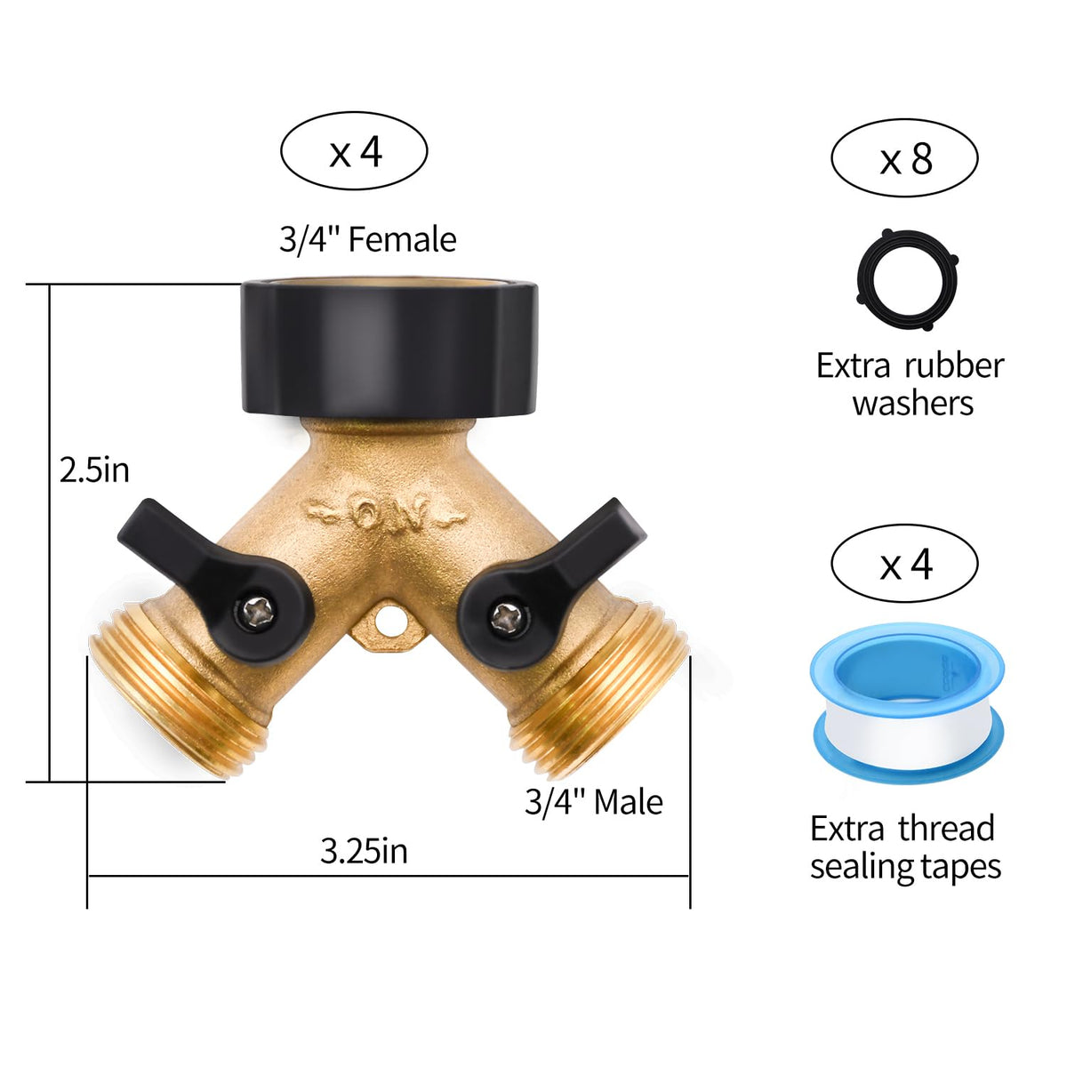 4 Pack Hose Splitter, 2 Way Heavy Duty Brass Garden Hose Splitter, for 3/4" Hose Connector, Brass