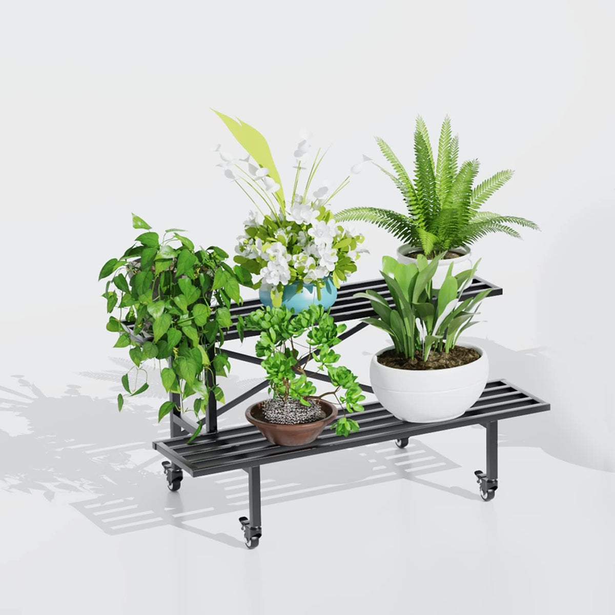 Zhongma 2 Tier Sturdy Metal Plant Stand with Wheels Heavy Duty Plant Holder for Home Indoor and