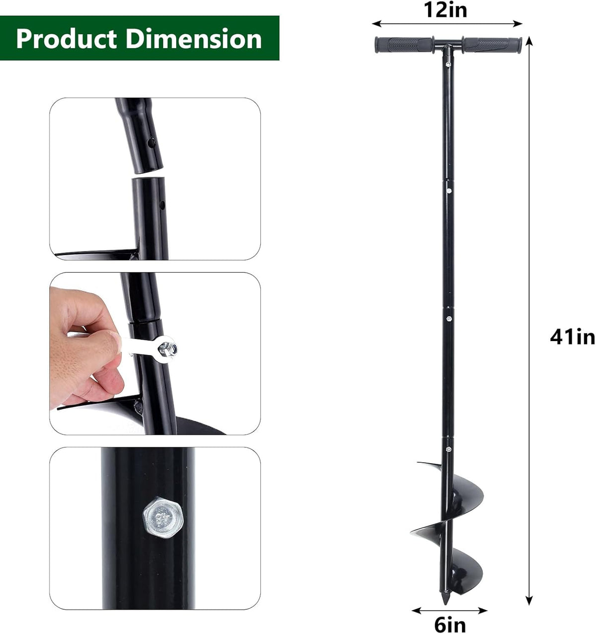 Post Hole Digger Manual 6" x 41" Garden Auger Spiral Drill with T Shaped Handle for Digging
