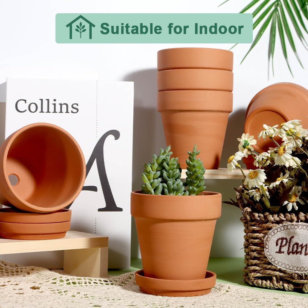 vensovo 4 Inch Terracotta Plant Pots with Saucer - 6 Pack Clay Flower Pots with Drainage, Great for