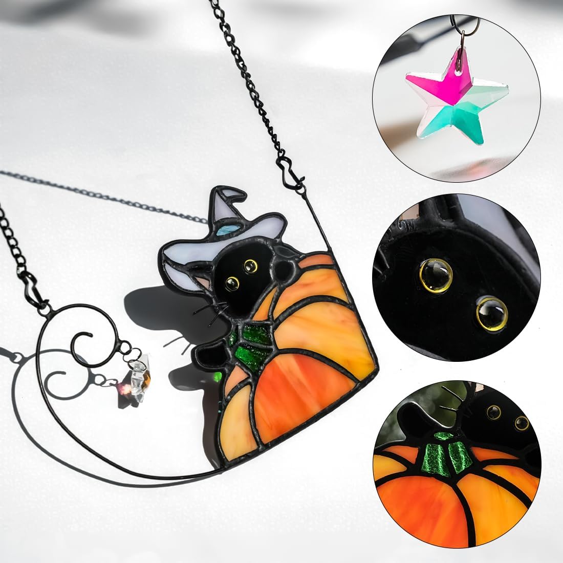 BOXCASA Black Cat Decor Stained Glass Window Hangings Pumpkin Ornament,Halloween Decor Witch Hat