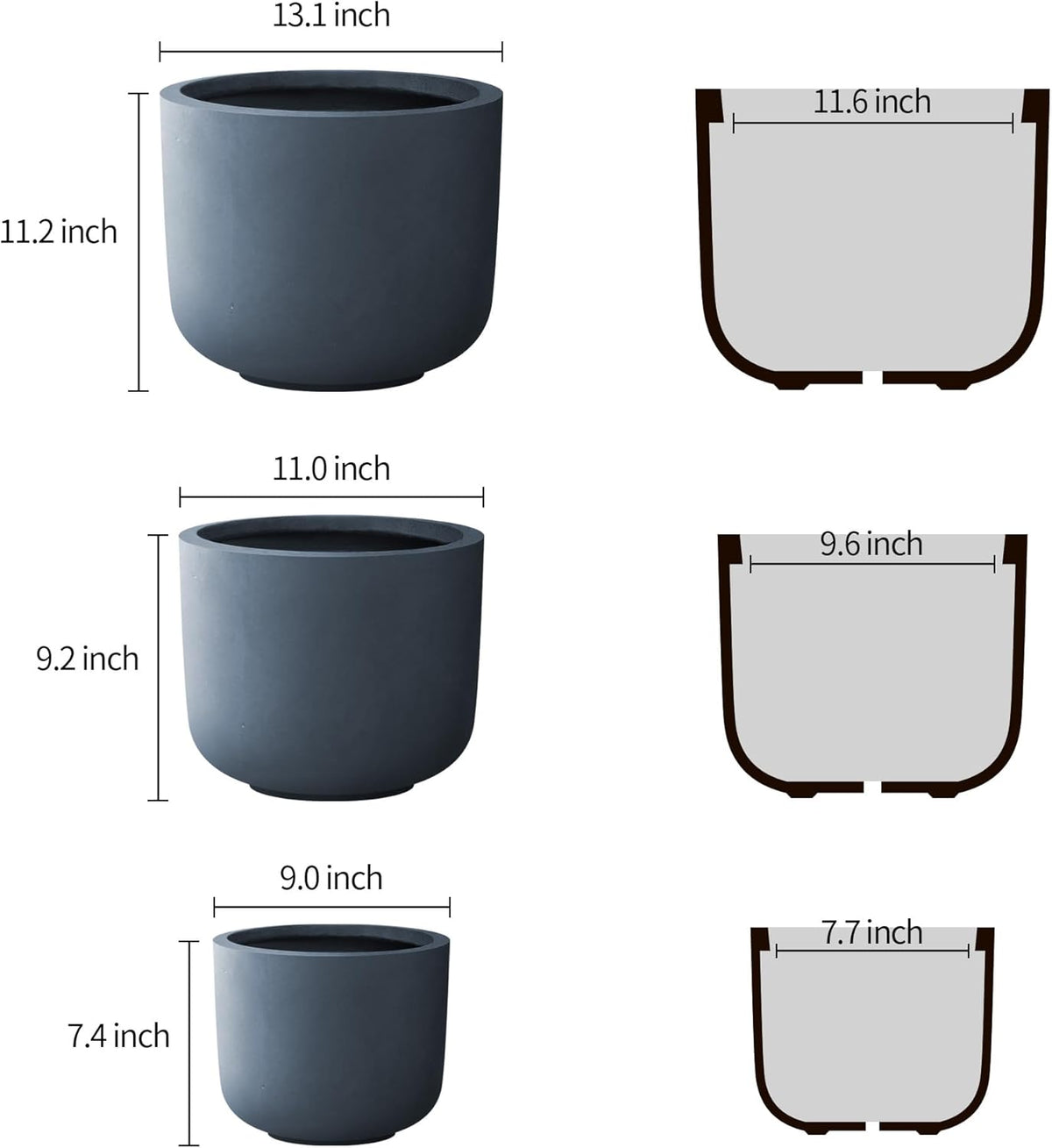 Kante 13",11",9" Dia Round Concrete Large Plant Pots Outdoor Indoor Planters Bowl with Drainage