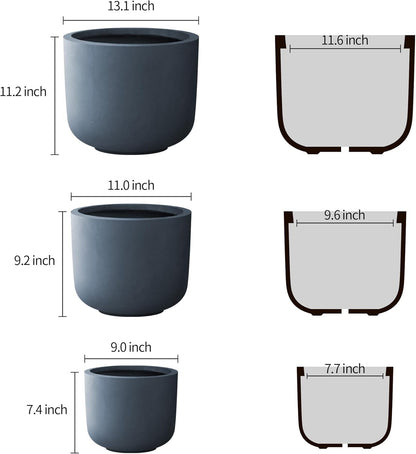 Kante 13",11",9" Dia Round Concrete Large Plant Pots Outdoor Indoor Planters Bowl with Drainage