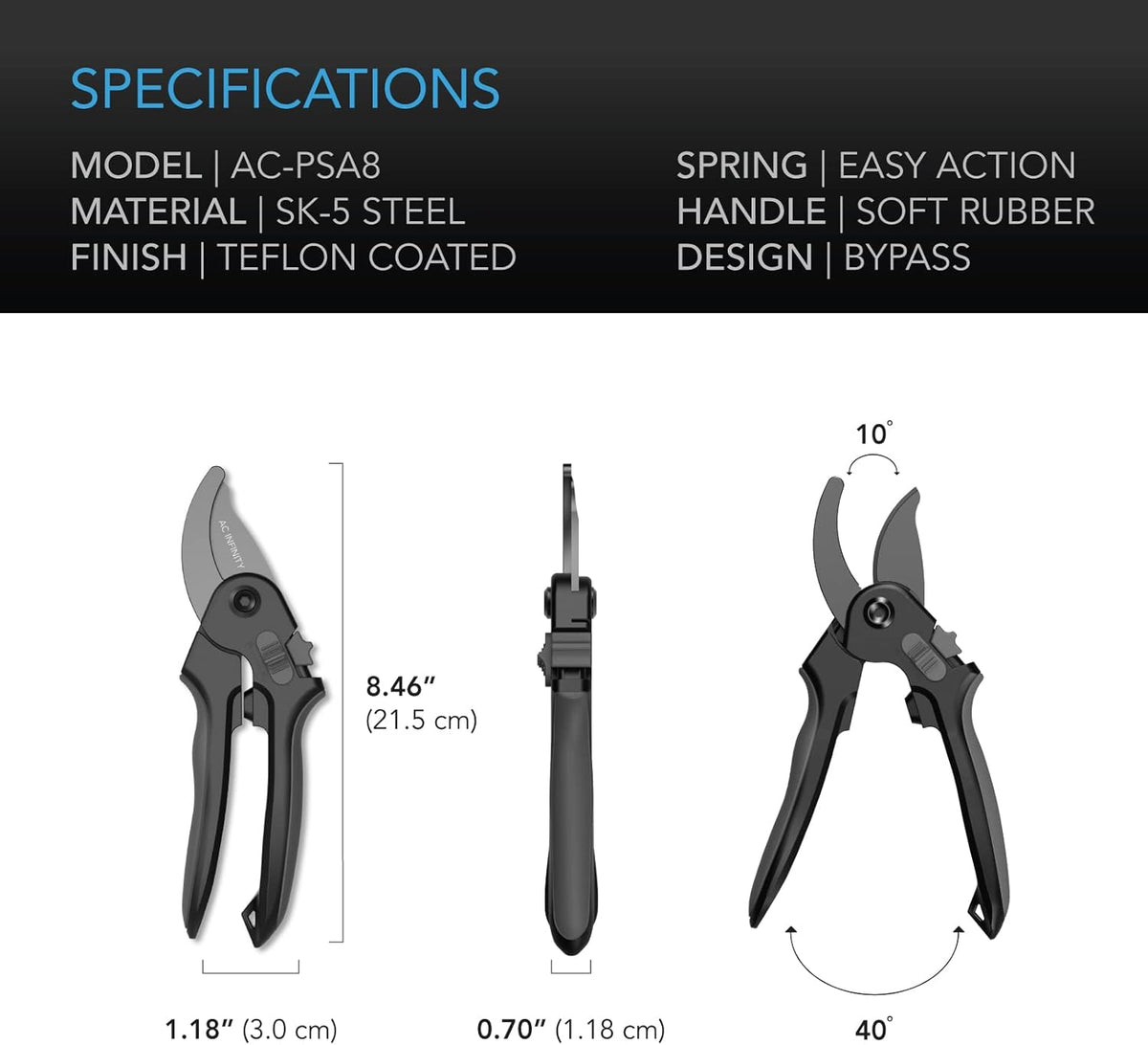 AC Infinity 8” Professional Bypass Pruning Shear, Stainless Steel SK-5 Blades with Nonstick Teflon
