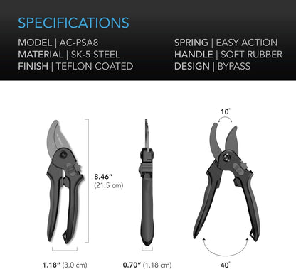 AC Infinity 8” Professional Bypass Pruning Shear, Stainless Steel SK-5 Blades with Nonstick Teflon