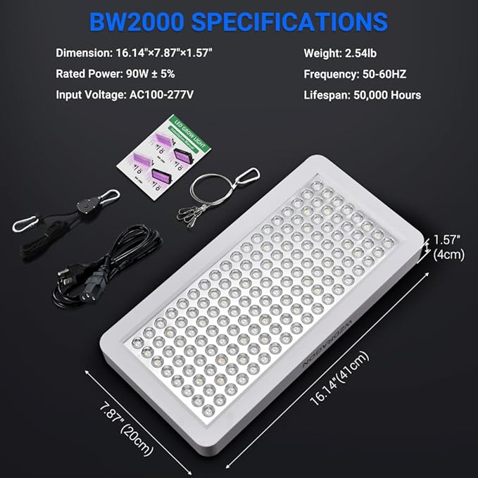 2024 Upgraded BW2000 LED Grow Lights Double Chips Full Spectrum with 10ft Cable for Greenhouse and