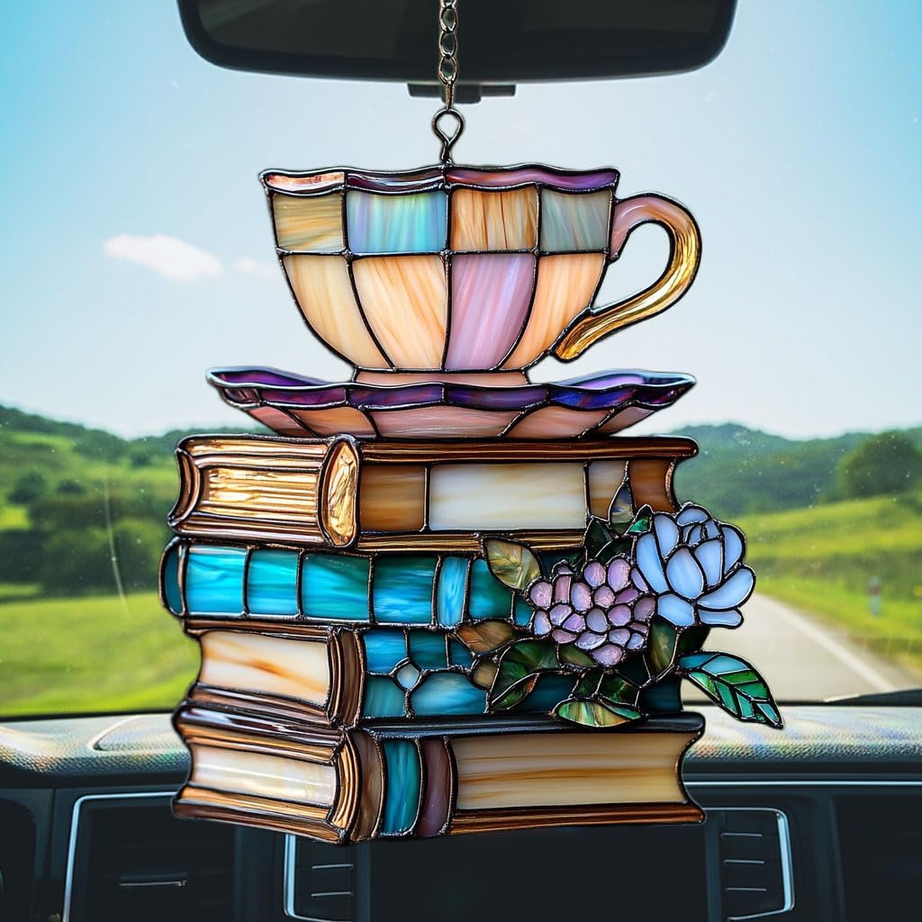 Flowers Book and Tea Acrylic Suncatcher Stained Glass Effect Window Car Hanging Christmas Ornament