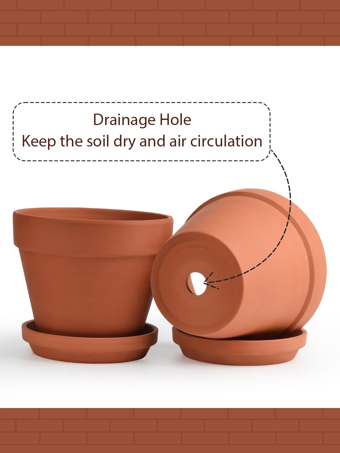 INGOFIN Terracotta Pots Set with Saucer - 2-Pack Ceramic Clay Planters with Drainage Hole, Garden
