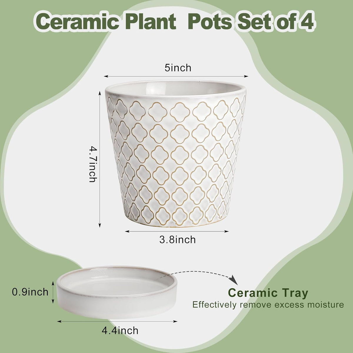 EFISPSS Ceramic Plant Pots Indoor, 5 Inch Planters with Drainage Holes and Ceramic Tray, Relief