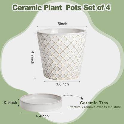 EFISPSS Ceramic Plant Pots Indoor, 5 Inch Planters with Drainage Holes and Ceramic Tray, Relief