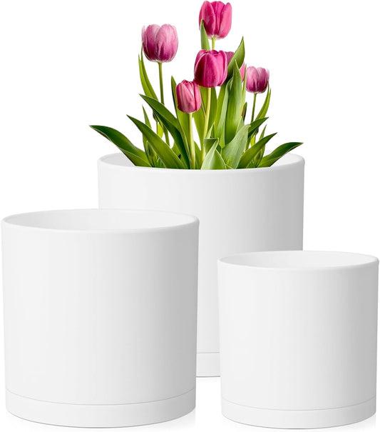 8/7/6 inch Plant Pots, Set of 3 Cylinder Flower Pots for Outdoor Indoor Plants, Decorative Plastic