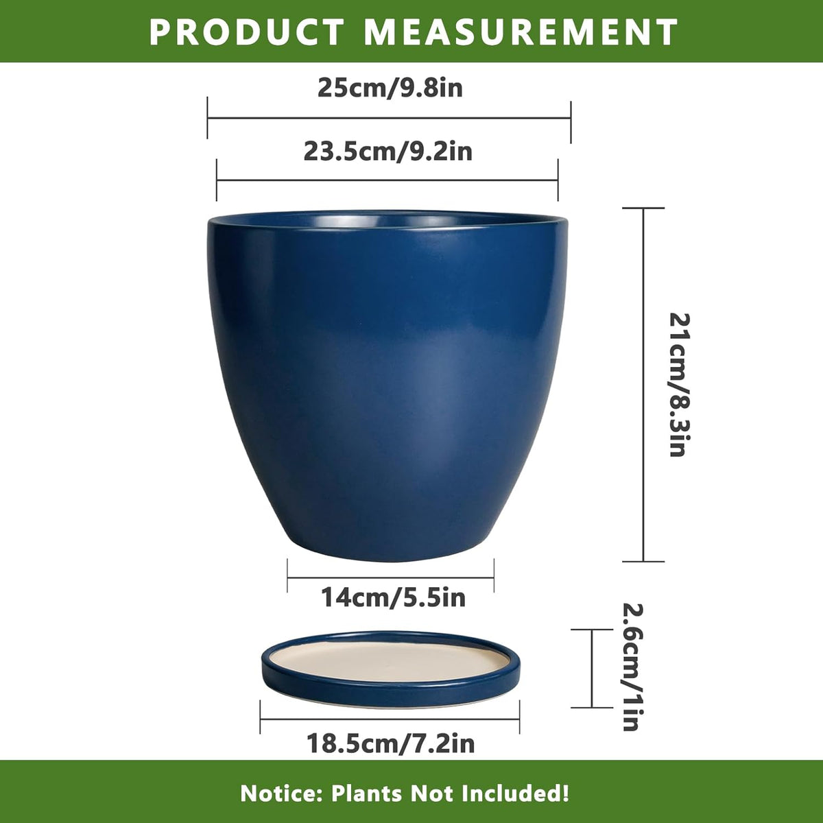 10 Inch Plant Pot - Ceramic Planter with Drainage Hole and Saucer, Modern Flower Pot, Round