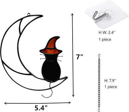 Stained Glass Halloween Black Cat Decor Gifts for Cat Lovers Memorial, Handmade Gothic Witch Hat