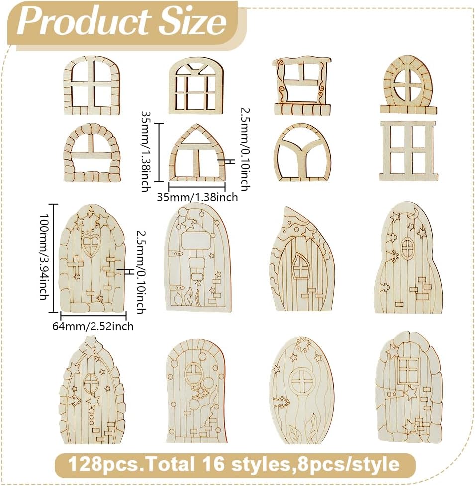 128 Pcs Fairy Doors, 16 Styles Wooden Miniature Garden Door Unfinished DIY Blank Windows for