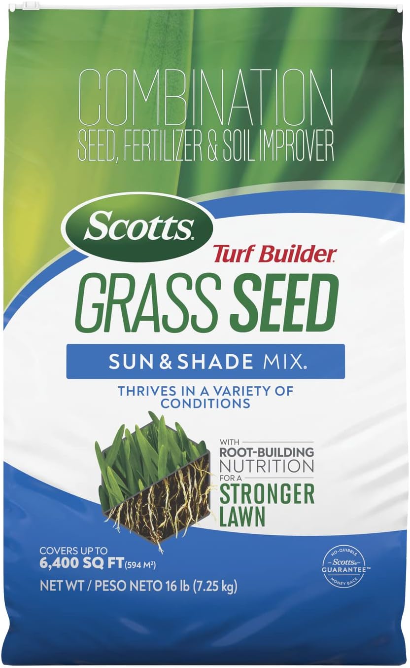 Scotts Turf Builder Grass Seed Sun and Shade Mix with Fertilizer and Soil Improver, Thrives in Many