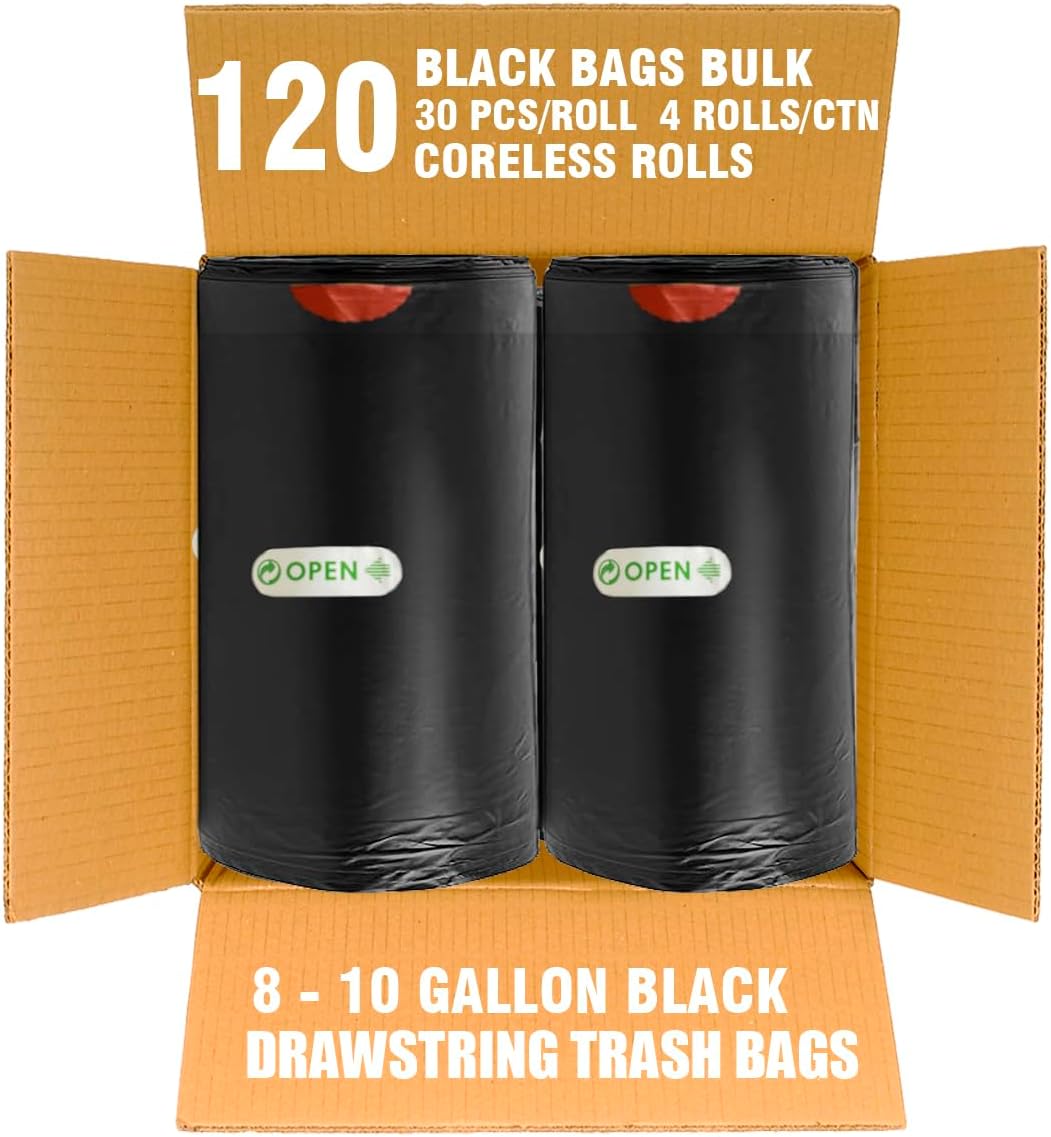 8-10 Gallon Trash Bags Drawstring, 120 Count Bulk, Black & Unscented Multi-purpose Garbage Bags for