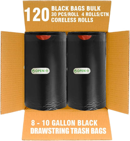 8-10 Gallon Trash Bags Drawstring, 120 Count Bulk, Black & Unscented Multi-purpose Garbage Bags for