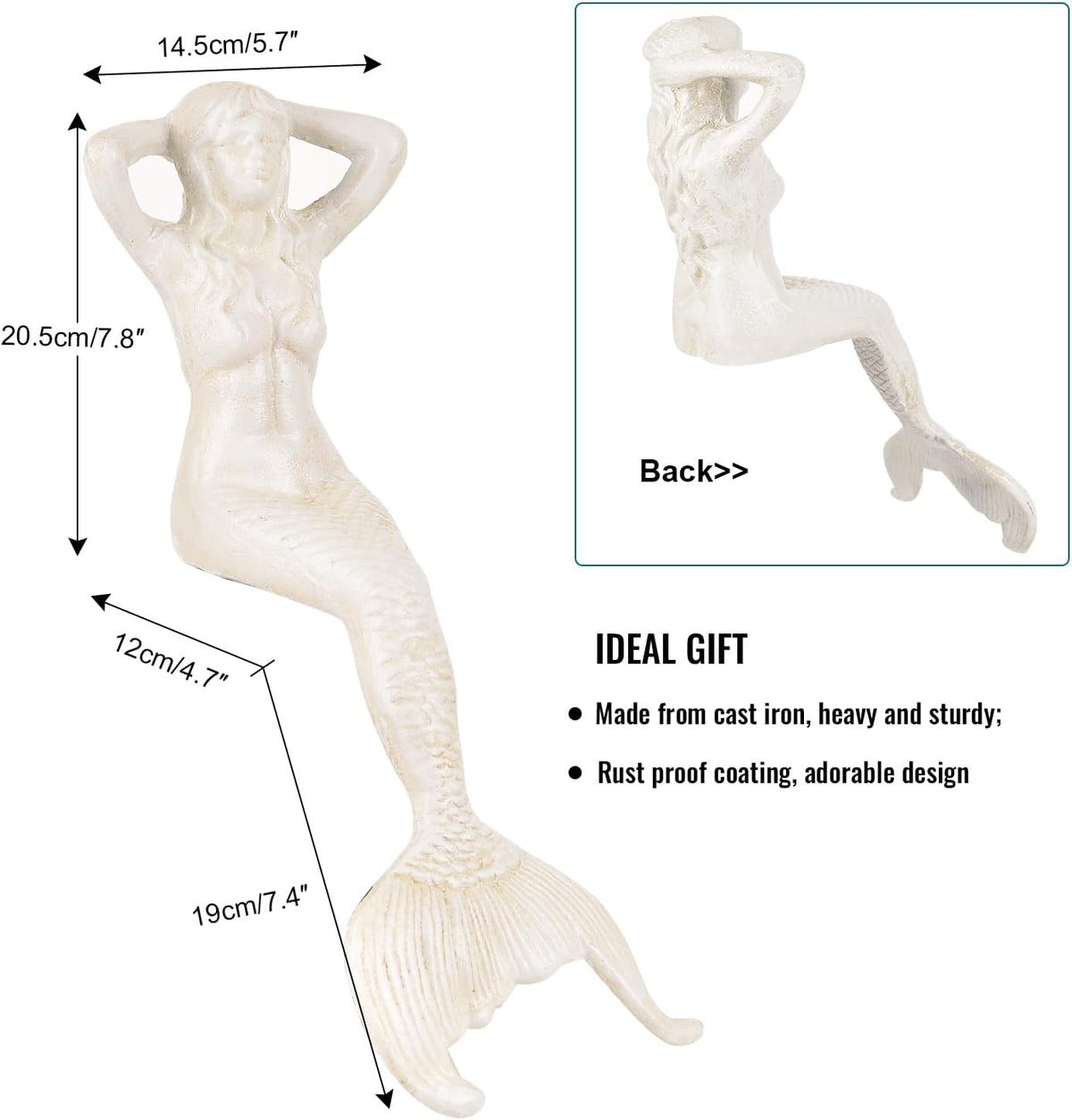 Sungmor 14.3" Tall Large Cast Iron Mermaid Statue, Sitting Mermaid Sculpture Decoration for Pool