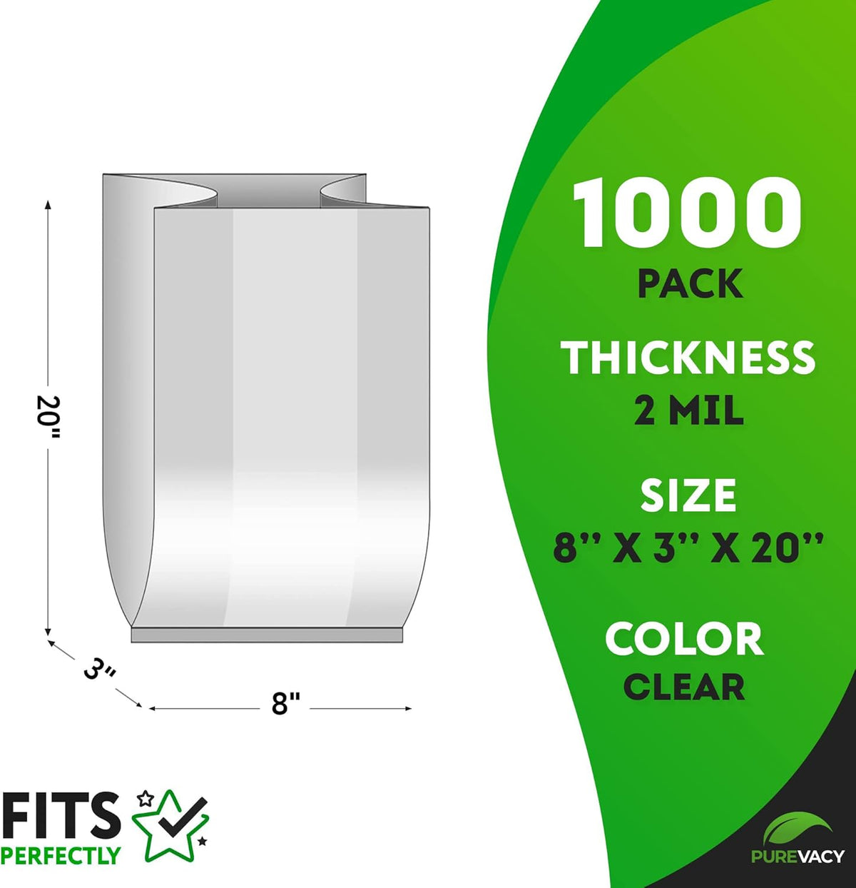 Clear Gusseted Poly Bags, 8 x 3 x 20 Inch, 1000 Pack Side Gusseted Plastic Bags 2 Mil. Leakproof