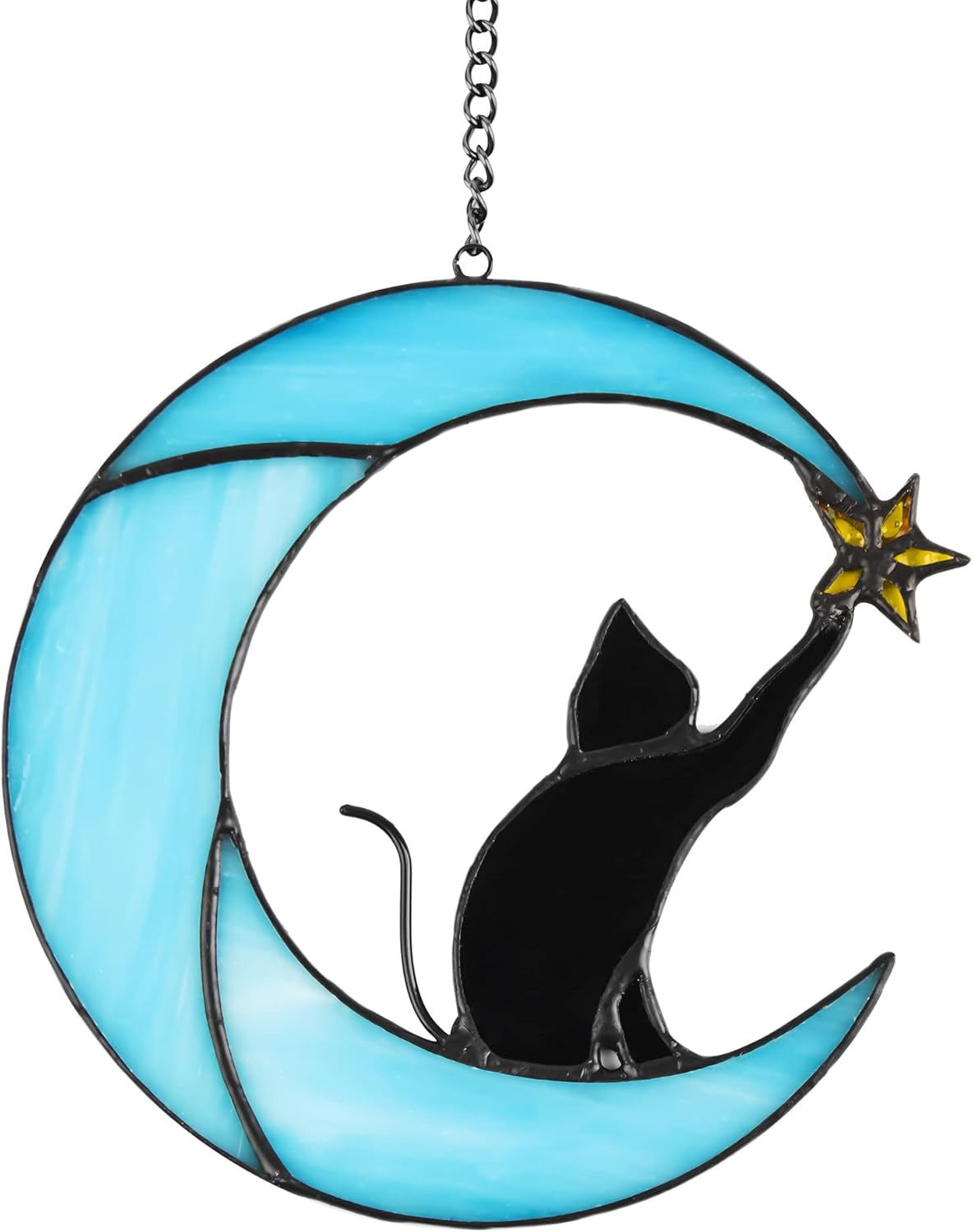 Stained Glass Cat on Moon Pick Star Window Hanging Suncatchers Memorial Gift Decor for Women (Black