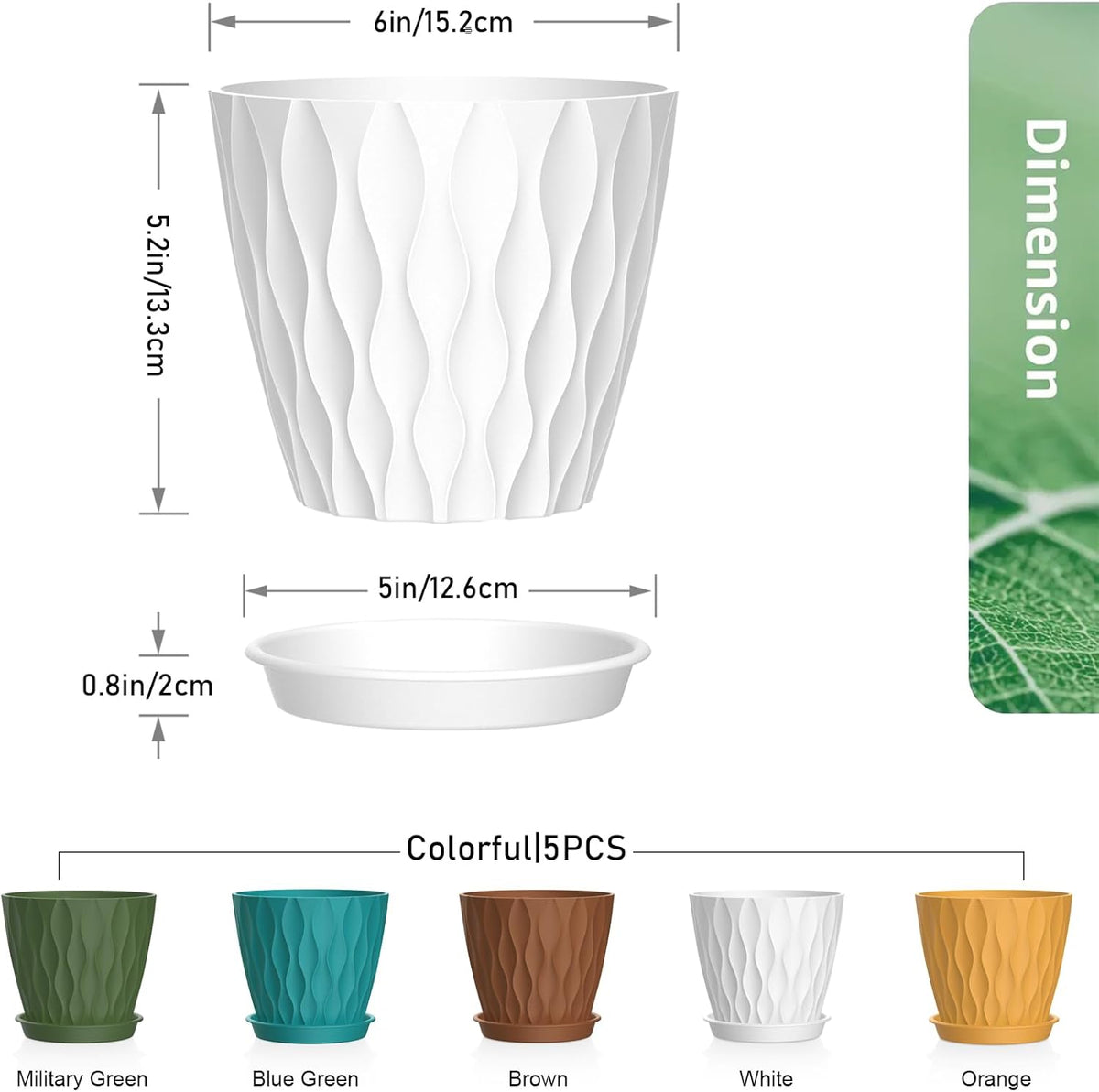 6 inch Plant Pots, 5Pack Water Ripple Flower Pots for Indoor Outdoor Plants, Plastic Planters with