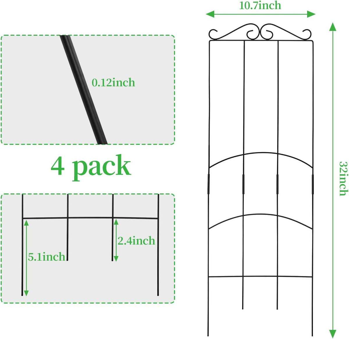 32 Inch Metal Plant Trellis for Climbing Plants Outdoor，4 Pack Garden Trellis for Potted Climbing