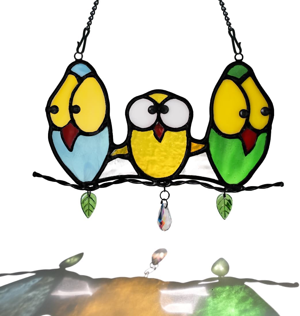 Multicolor Owl Decor Stained Glass Window Hanging,Best Bird Gifts for Owl Lovers Women,Bird