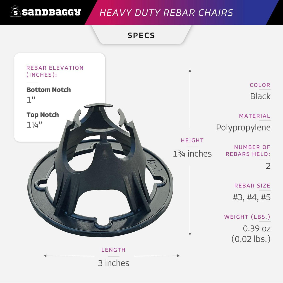 Sandbaggy Plastic Rebar Support Chairs - Elevates #3 to #5 Rebar 1" or 1-1/4" - Concrete Chair and