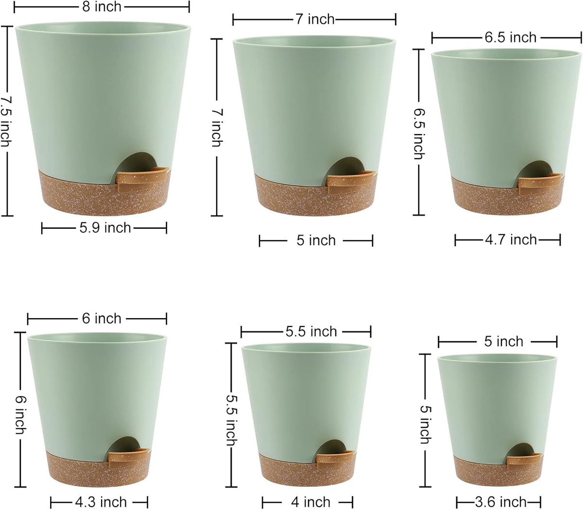 Indoor Self Watering Planters with Drainage Holes and Saucers, 8, 7, 6.5, 6, 5.5, 5 Inches, Green