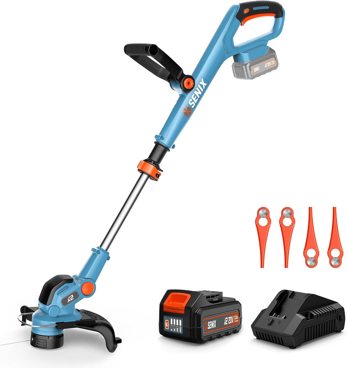 SENIX 20V 12" String Trimmer and Edger, 10'' Plastic Blades Weed Wacker, Telescopic Shaft, w/2.0Ah