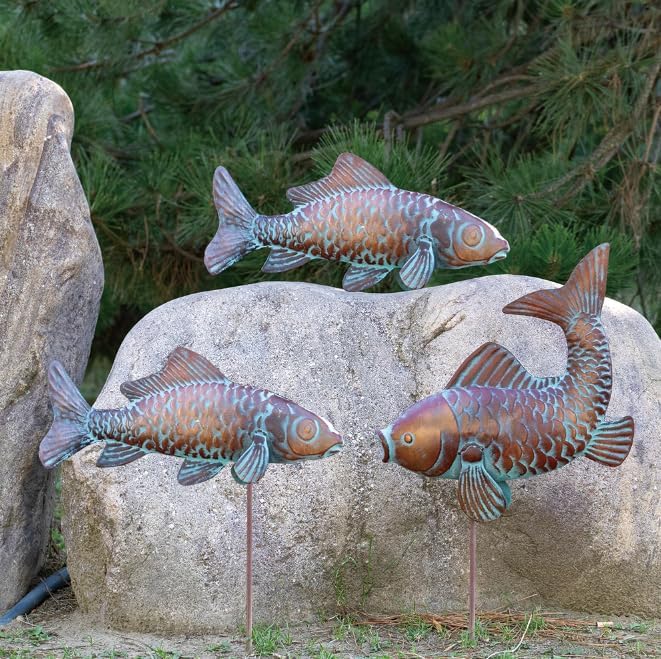 Set of 3 Outdoor Garden Koi Fish Sculptures & Statues Antique Copper Fish Yard Décor, Metal Koi
