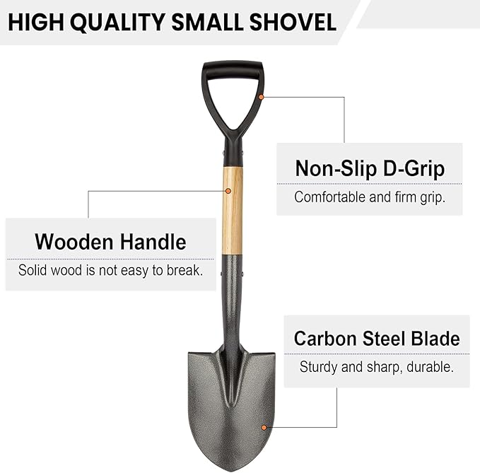 VNIMTI Shovel for Digging, Round Small Shovel with Wooden D-Handle, Metal Garden Shovel for
