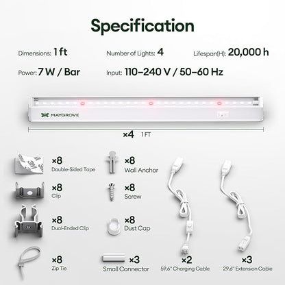 Plant Grow Lights 1FT, Red-Enhanced Full Spectrum 5000K, 28W(4 x 7W), T5 LED Grow Light Strips for