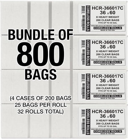 Aluf Plastics High Density Trash Bags, 55 Gallon, 800 Count, 17 Micron (eq), 36" x 60", Clear, for