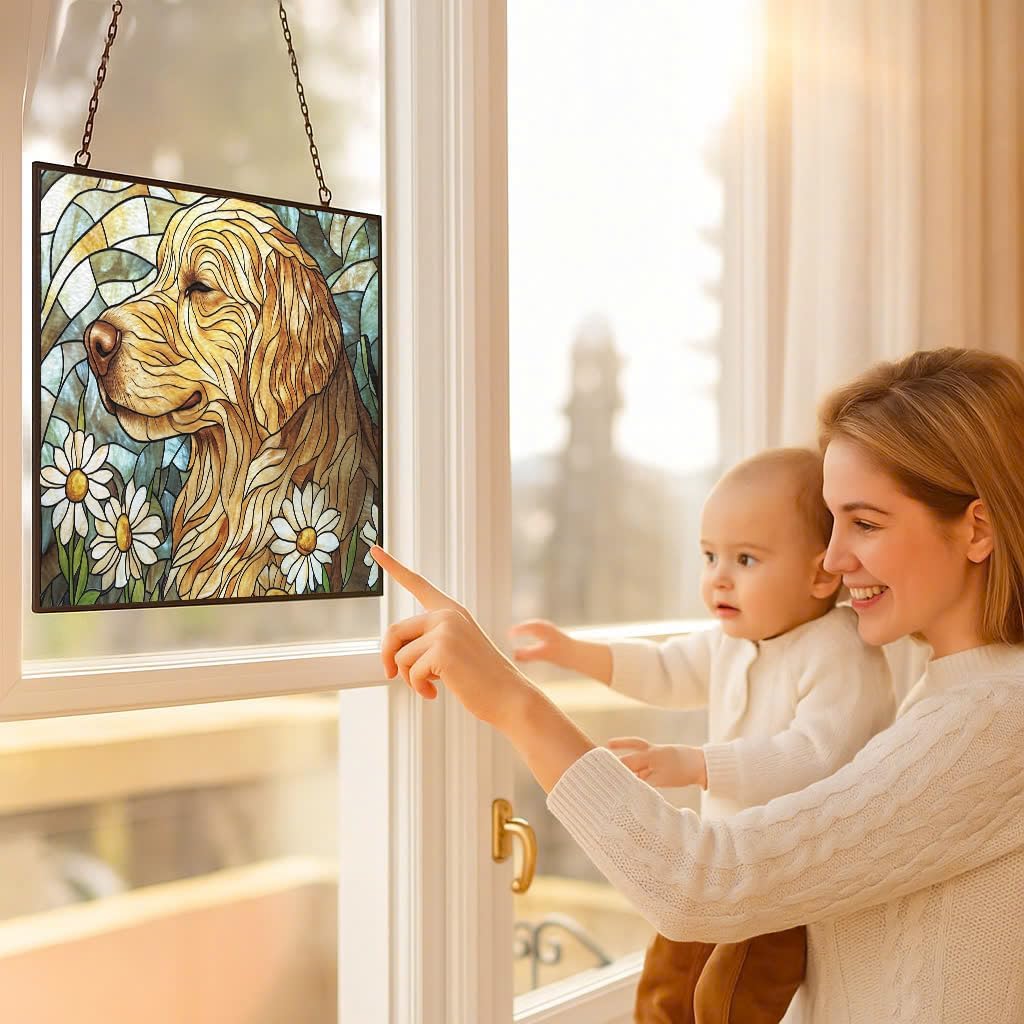 Personalized Rectangle Art Nouveau Golden Retriever Garden Stained Glass Window Hanging, Stained