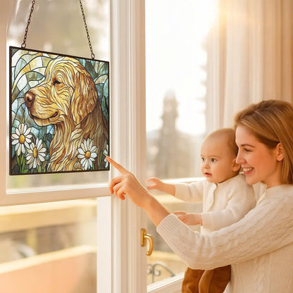 Personalized Rectangle Art Nouveau Golden Retriever Garden Stained Glass Window Hanging, Stained