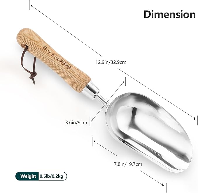 Berry&Bird Garden Loose Soil Scoop, Stainless Steel Hand Shovel Spade with Wood Handle Multi