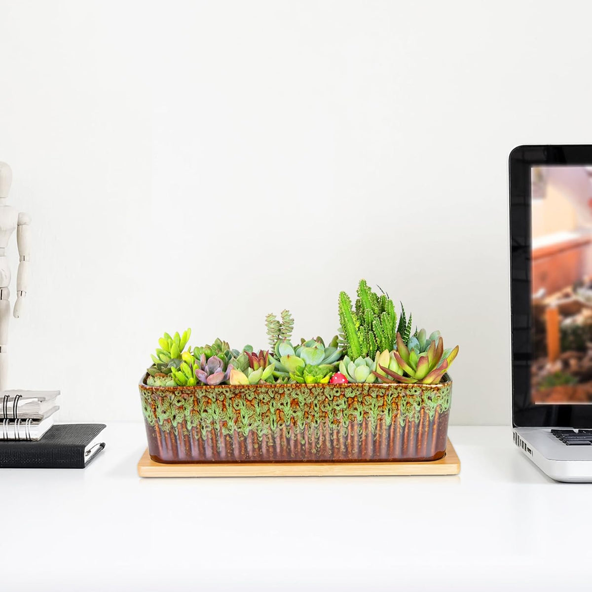 Succulent Pots - 12 Inch Large Succulent Planters with Drainage Tray, Window Sill Planter, Long
